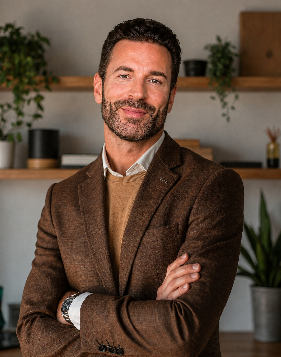 Justin Duwe in a brown suit standing with arms crossed