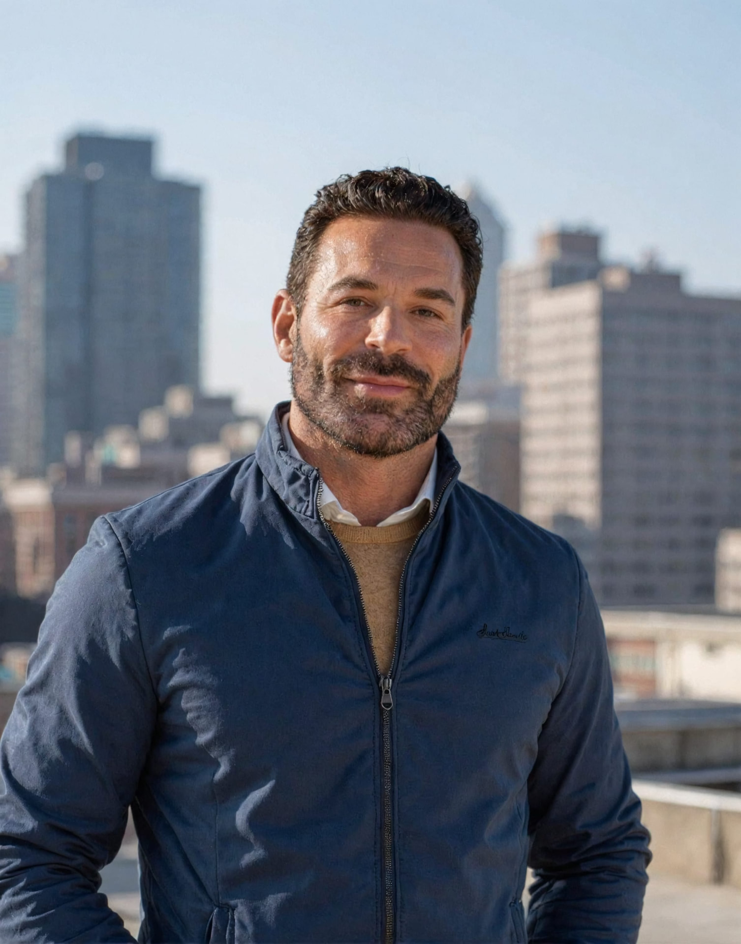 Justin Duwe wearing a navy jacket outdoors with the city skyline behind him