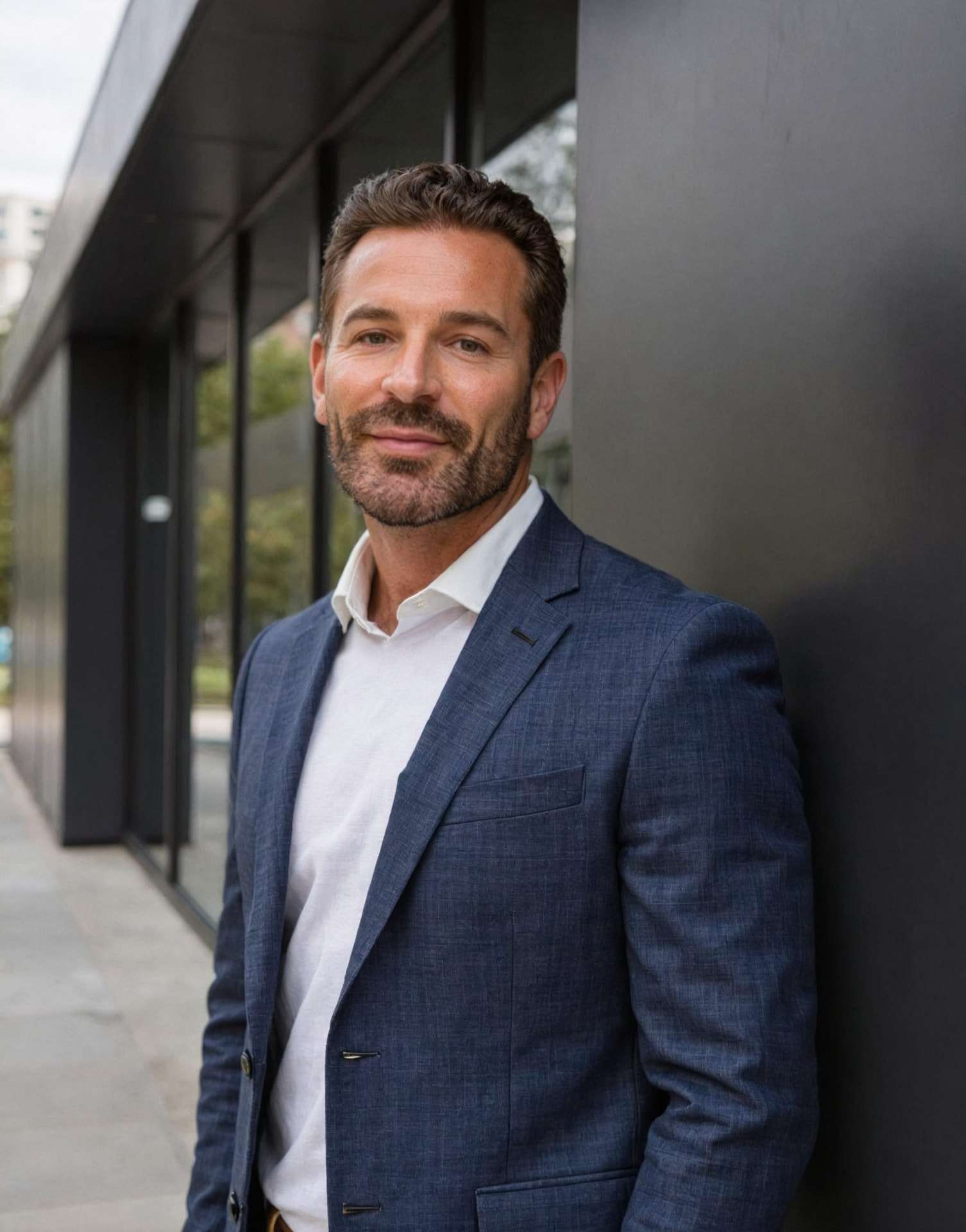 Justin Duwe, psychotherapist, standing outside a modern building